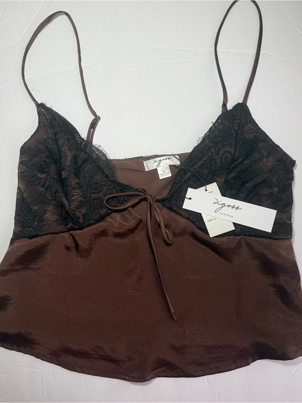 Zigoss Brown Satin Lace Cami Top - Size L - Coquette Y2K - NWT